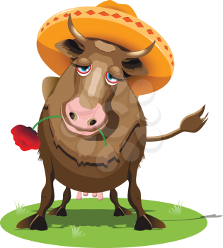 Illustration Cow in a Sombrero with the Red Poppy