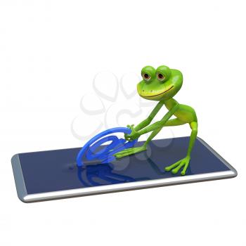3D Illustration Frog Pulls Email Sign From Smartphone on a White Background