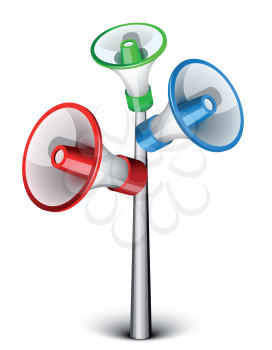 Royalty Free Clipart Image of Three Megaphones on a Pole