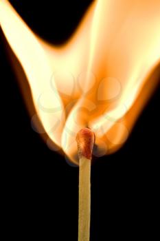 Macro of an ignited matchstick flame in the dark