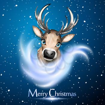 Christmas card with cute reindeer over snow and bue background