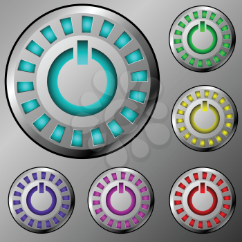 Royalty Free Clipart Image of a Set of Metal Power Buttons