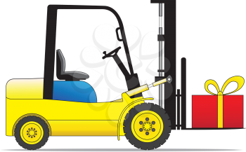 Royalty Free Clipart Image of a Forklift and a Present