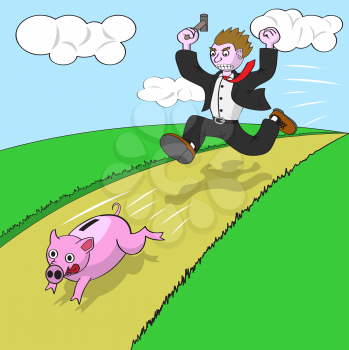 Royalty Free Clipart Image of a Man Chasing a Piggy Bank