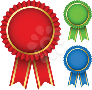 Blank award ribbon rosettes in three colors isolated on white.