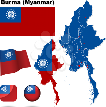 Burma (Myanmar) vector set. Detailed country shape with region borders, flags and icons isolated on white background.