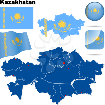 Kazakhstan vector set. Detailed country shape with region borders, flags and icons isolated on white background.