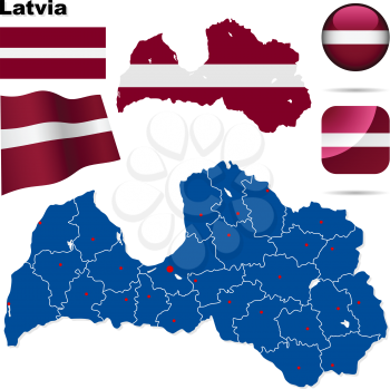 Latvia vector set. Detailed country shape with region borders, flags and icons isolated on white background.