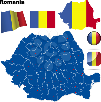 Romania vector set. Detailed country shape with region borders, flags and icons isolated on white background.