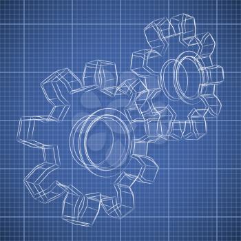 3D gear wheel sketch drawing on blueprint background.
