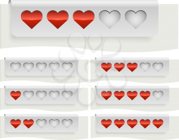 Red hearts rating status bar template isolated on white background.
