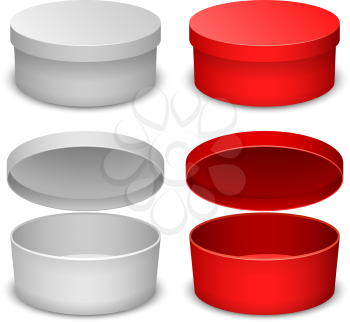 Round box vector template isolated on white background in white and red variant.