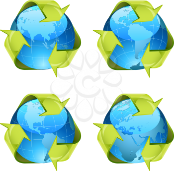 Recycling green arrows wrapping around world globe isolated on white background.