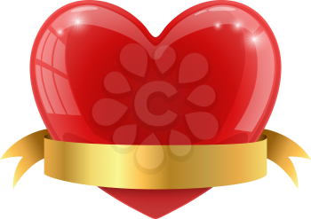 Red glossy heart with golden banner vector illustration.