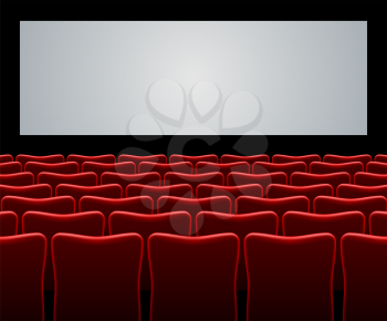 Movie hall with red seats and blank screen vector background.