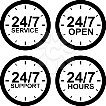 Around-the-clock operating hours black and white vector sign isolated on white background.