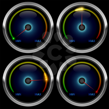 Colorful round meter gauge isolated on black background.