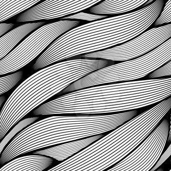 Seamless black and white wavy line leaves vector pattern. 