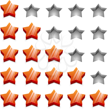 3D red ranking stars vector template isolated on white background.