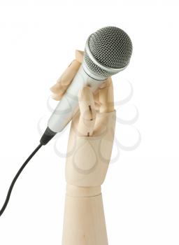 Royalty Free Photo of a Wooden Hand Holding a Microphone