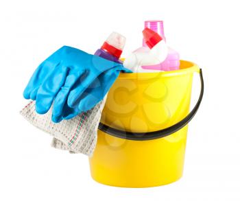 Royalty Free Photo of a Plastic Bucket with Cleaning Supplies