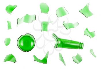 Top view of broken green bottle isolated on white background
