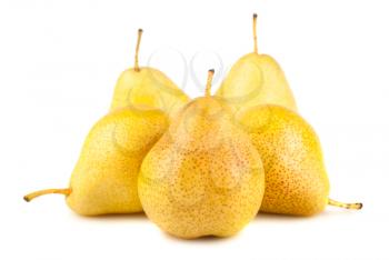 Five yellow ripe pears isolated on white background