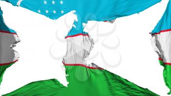 Destroyed Uzbekistan flag, white background, 3d rendering