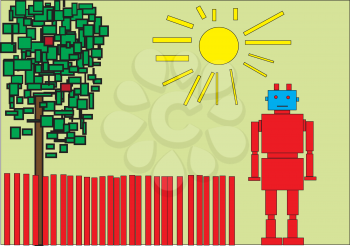Royalty Free Clipart Image of a Robot Outdoors