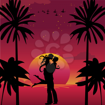 Royalty Free Clipart Image of a Couple Kissing by the Sunset