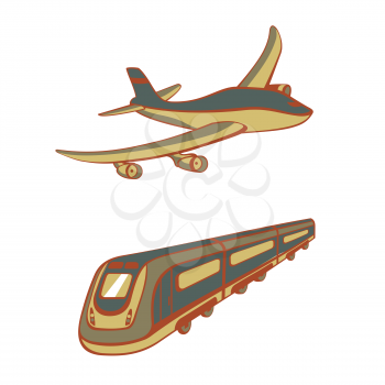Royalty Free Clipart Image of a Train and Airplane
