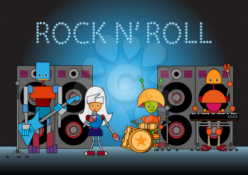 Royalty Free Clipart Image of a Robot Band Performing