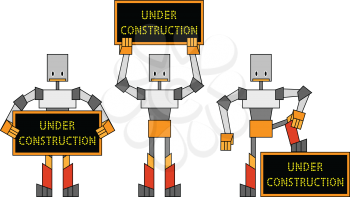 Royalty Free Clipart Image of Robots Holding Signs