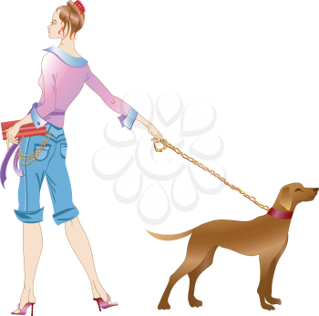 Royalty Free Clipart Image of a Woman Walking a Dog