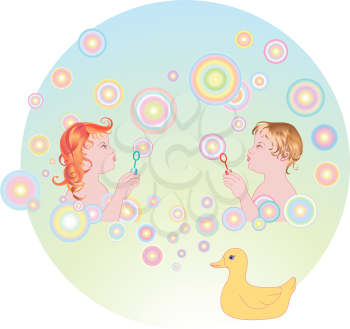 Royalty Free Clipart Image of Children Blowing Bubbles