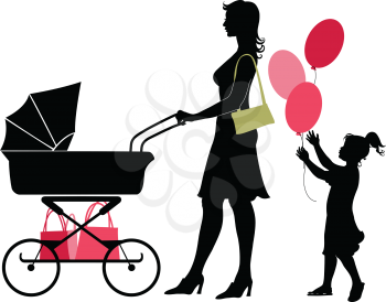 Royalty Free Clipart Image of a Mother Pushing a Stroller