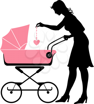 Royalty Free Clipart Image of a Mother Pushing a Stroller