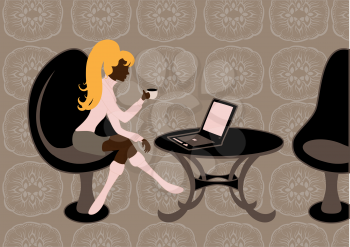 Royalty Free Clipart Image of a Woman Working on Her Laptop