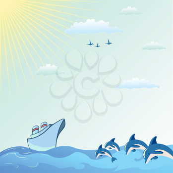 Royalty Free Clipart Image of a Ship by Dolphins in the Sea