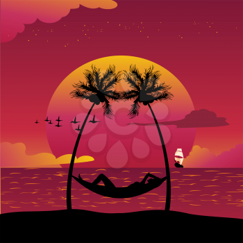 Royalty Free Clipart Image of a Woman in a Hammock by the Water