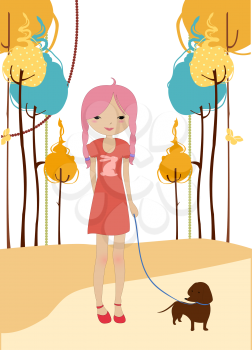 Royalty Free Clipart Image of a Girl Walking Her Dog
