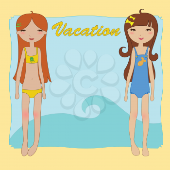 Royalty Free Clipart Image of Two Girls at the Beach