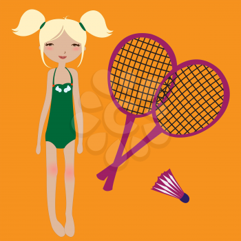 Royalty Free Clipart Image of a Girl With Badminton Rackets