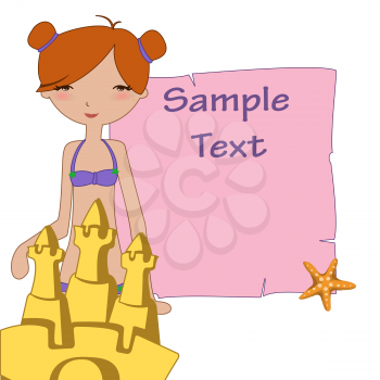 Royalty Free Clipart Image of a Little Girl With a Sandcastle