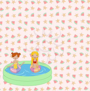 Royalty Free Clipart Image of Two Girls in a Swimming Pool
