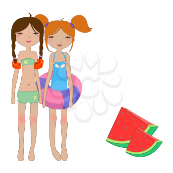 Royalty Free Clipart Image of Two Girls in Swimsuits