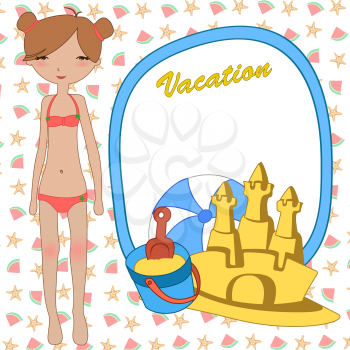 Royalty Free Clipart Image of a Girl by a Sandcastle