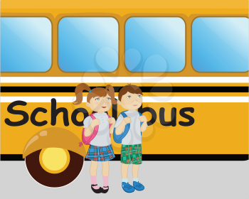 Royalty Free Clipart Image of Two Kids Waiting for a School Bus