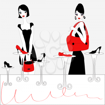 Royalty Free Clipart Image of Two Women Shopping for Shoes