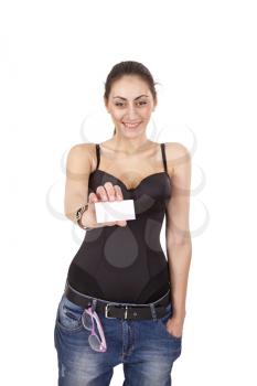 Royalty Free Photo of a Woman Holding a Business Card